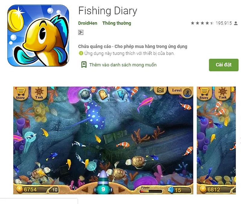 Hình ảnh game bắn cá với giao diện sinh động và các loài sinh vật biển đa dạng trong trò chơi Fishing Diary.